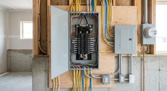 Service professional examining an electrical panel during a property inspection