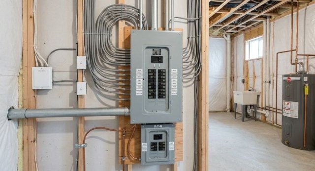 Service professional examining an electrical panel during a property inspection
