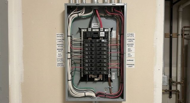 Residential electrical service panel with labeled circuit breakers