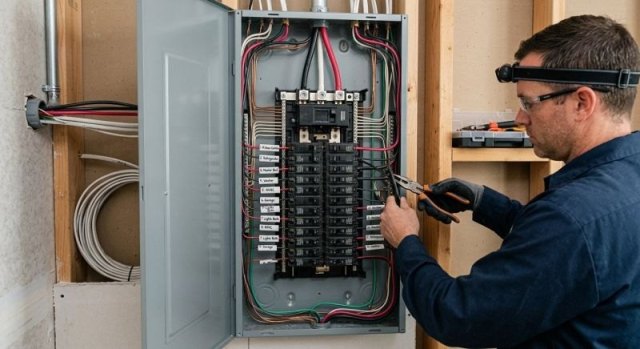 Residential electrical service panel with labeled circuit breakers