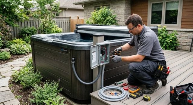 Hot tub electrical wiring planned near a residential exterior wall