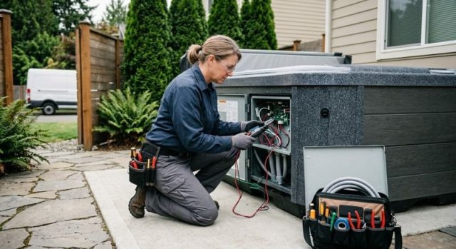 Hot tub electrical wiring planned near a residential exterior wall