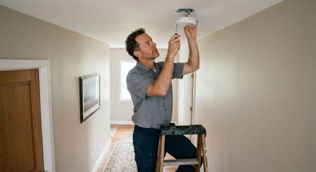 Smoke detector installed on a ceiling in a residential hallway