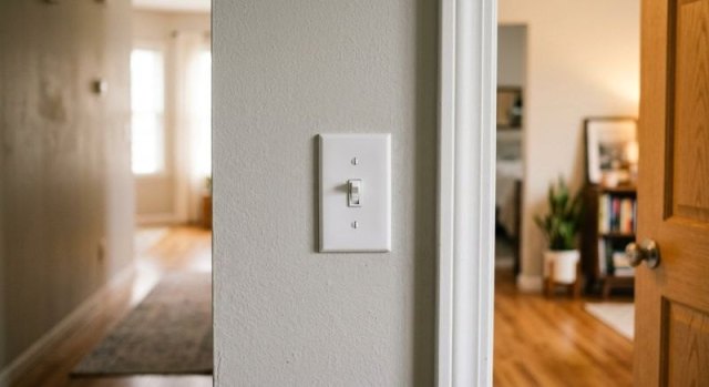 Wall-mounted electrical switch beside a residential light fixture