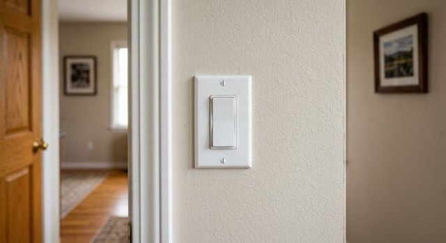 Wall-mounted electrical switch beside a residential light fixture