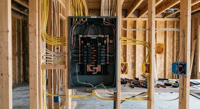 Electrical wiring and receptacle box being inspected in a home