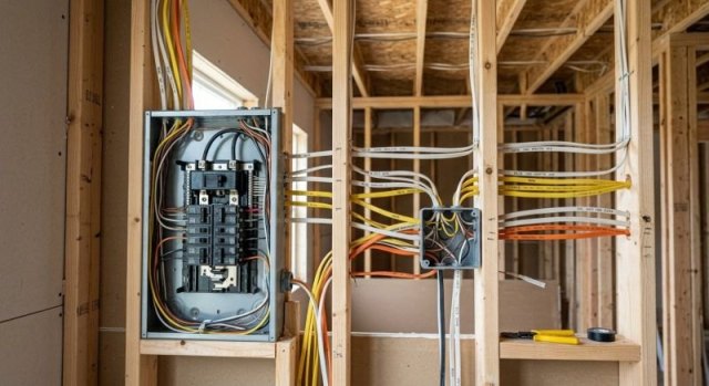 Electrical wiring and receptacle box being inspected in a home