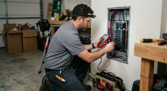 Electrical service professional checking wiring and a wall outlet
