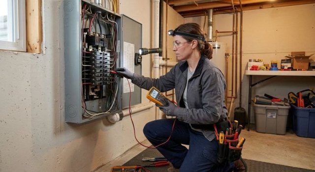Electrical service professional checking wiring and a wall outlet