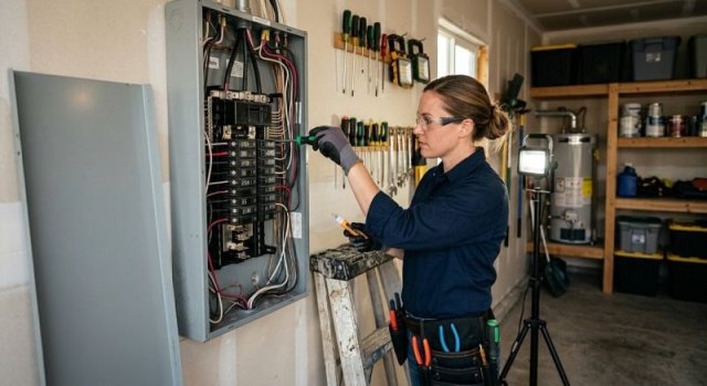 Closed electrical panel and breaker switches in a residential property