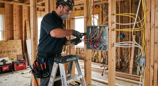 Electrical wiring routed through a residential wall during a project
