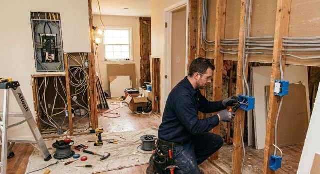 Electrical outlets and lighting planned for a renovated residential room