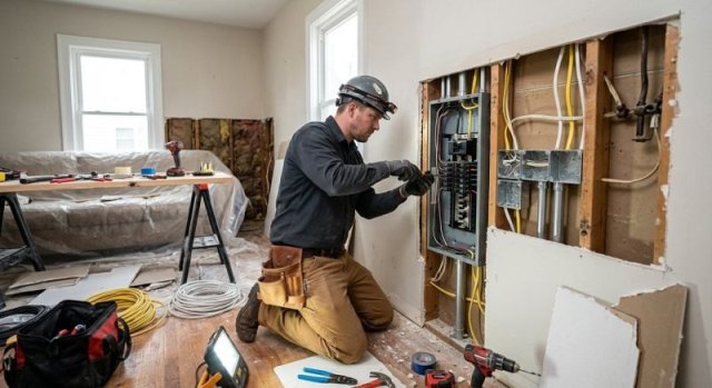 Electrical outlets and lighting planned for a renovated residential room