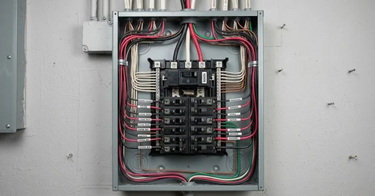 Electrical panel with organized wiring in a residential utility area