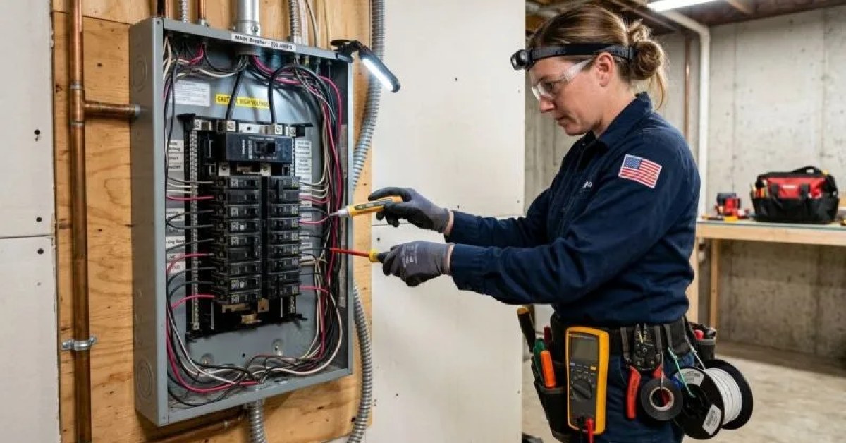 Electrical panel with breakers being inspected