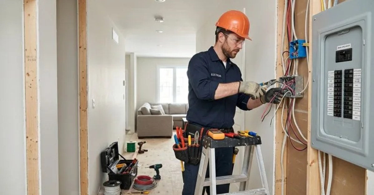 Electrician reviewing electrical work inside a Mesa, AZ home