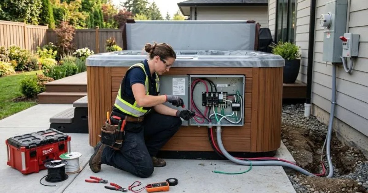 Outdoor hot tub beside a residential electrical connection area